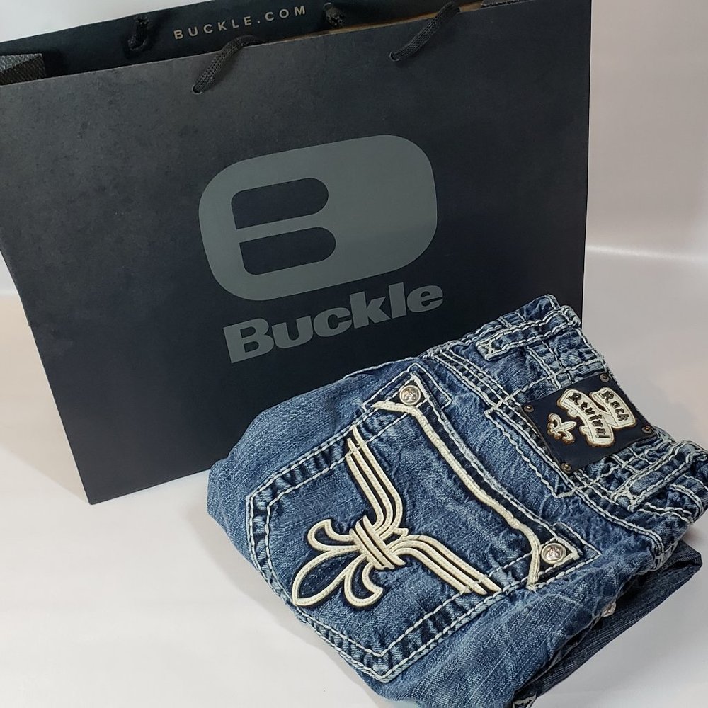 Rock Revival Bobber Relaxed Straight Jeans Distressed Medium Wash Size 34